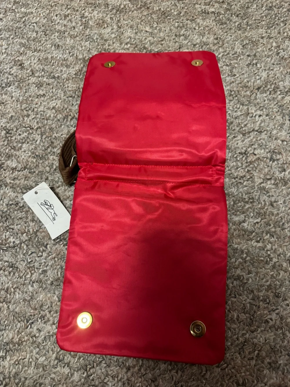 Longchamp Red Crossbody Bag with Brown Strap and Gold Accents